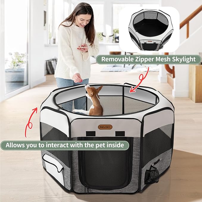 Puppy Playpen, 45" Portable Dog Playpen, Pet Playpen for Dogs Cats, Pop Up Playpen and Exercise Play Pen Dog Tent Indoor/ Outdoor, Removable Shade Cover