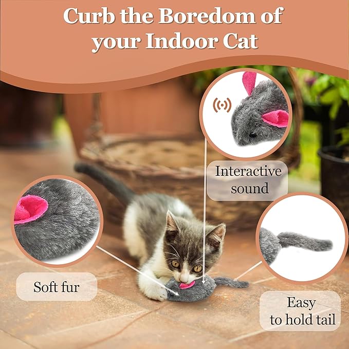 SunGrow Squeaky Plush Hamsters for Cats, Tug Squeaker Chews for Kittens' Interactive Fun, Hide and Seek Activity, Soft Stuffed Fetch for Ferrets, Dark Brown, 6 Pcs per Pack