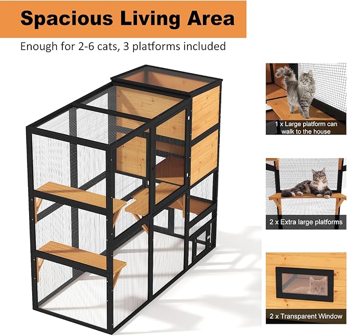 Large Indoor Cat Catio, 4 Tier Outdoor Cat Enclosures House for Cats with Waterroof Roof, 3 Resting Rooms, 3 Platforms, Cats Catio Connect to Window with 2 Large Door, Feral Pet Shelter, Black