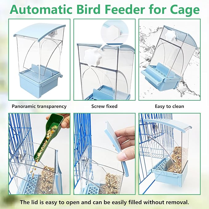 Hamiledyi 2Pcs Automatic Birds Feeder No Mess Bird Cage Feeder Transparent Acrylic Parrot Seed Food Container with Perch Bird Cage Accessories for Parakeet Finch Lovebirds Budgies Canary (Blue)