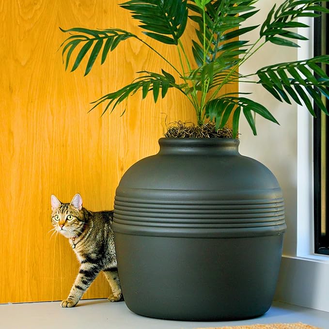 Good Pet Stuff Hidden Litter Box Planter, Decorative Cat Litter Enclosure with Carbon Filter, Artificial Plant, Easy Clean, Indoor Design, Original Round Style, Base Kit, Black Suede