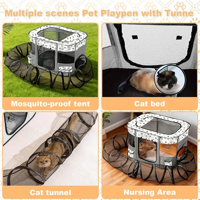 Outdoor Cat Enclosure with Surround Tunnel, Outdoor Pet Playpen Enclosed, Portable Catio Cat Tent with Tunnel for Indoor Cats Small Animals and Puppy, Portable Tent with Carry Bag