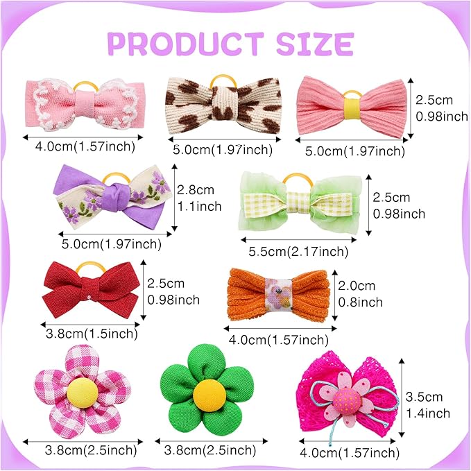 Mruq Small Dog Hair Bows with Rubber Bands, Mix Handmade Cute Puppy Gooming Flower Ball Bows for Holiday Daily Accessories (A339)