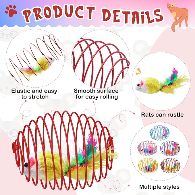 Jecery 5 Pcs Cat Spring Balls Toys Stretchable Rolling Balls Colorful Playful Coils Interactive Action Toy Caged Rats for Kitten Pet Supplies (Cute Mouse,Bright Color)