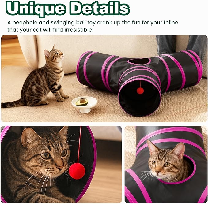 Love’s Cabin Cat Tunnel for Indoor Cats, 3-Way Collapsible Play Tunnel with Teaser Wand, Peek Holes & Toy Ball, Small Pet Toy for Kittens & Rabbits, White & Light Grey, Medium Size