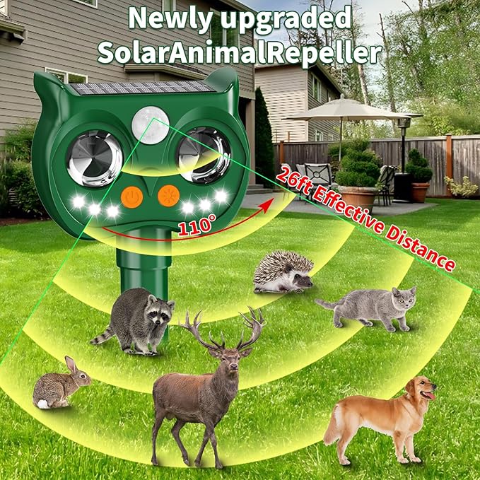 2 Pack 2026 Upgraded Solar Ultrasonic Animal Repellent Outdoor – Motion Activated Deer, Squirrel, Cat, Raccoon, Dog & Bird Deterrent with Multi-Frequency LED Strobe & Ultrasonic Sweep for Yard Garden