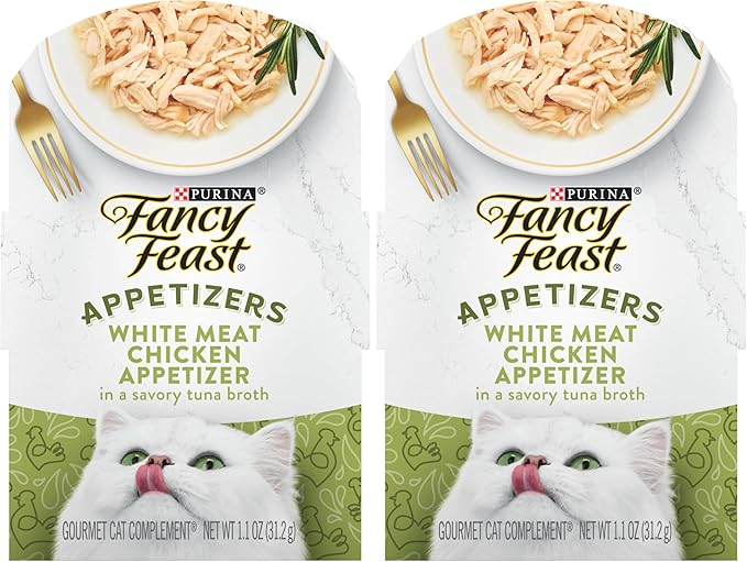 Fancy Feast Purina Appetizers Grain Free Wet Cat Food Complement White Meat Chicken Appetizer in a Savory Tuna Broth Cat Food Topper - 1.1 oz. Trays,(Pack of 20)