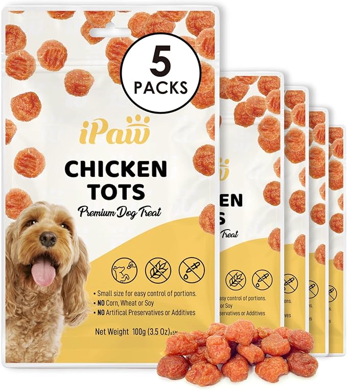 iPaw 5 Stock-Up Combo Chicken Tots Dog Treats for Puppy Training, All Natural Human Grade Dog Treat, Hypoallergenic, Easy to Digest (Chicken Tots), 5 Packs