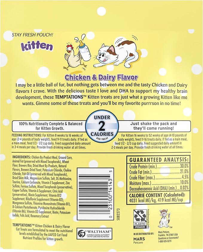 Temptations Kitten Treats Classic Crunchy and Soft Cat Treats, Chicken and Dairy Flavor, 6.3 oz. Pouch (Pack of 10)