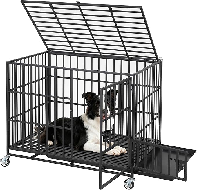 42 Inch Heavy Duty Dog Crate with Wheels, Escape Proof Metal Kennel with 3 Doors & Removable Tray for Large Medium Dogs, Black
