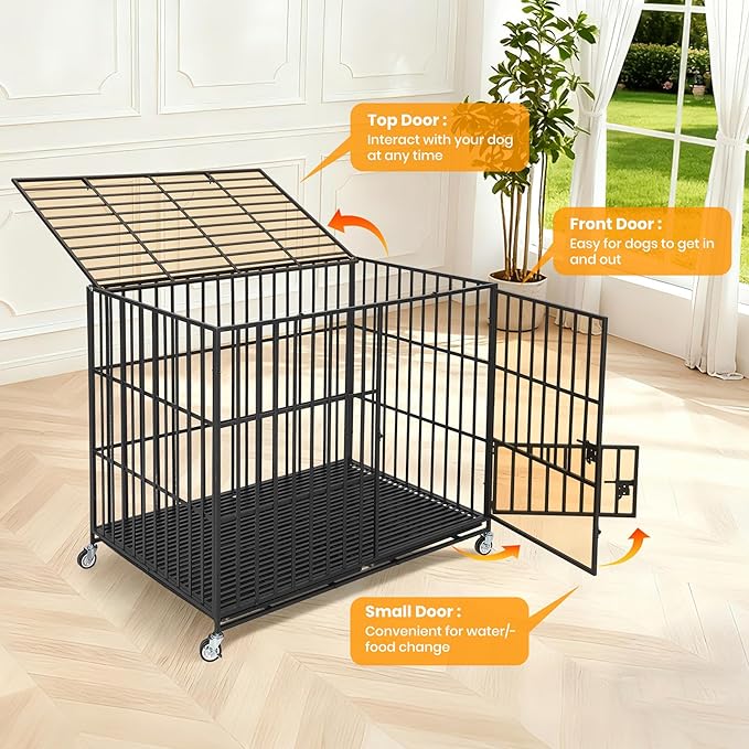 54 Inch Heavy Duty Dog Crate with Wheels, Escape Proof Metal Kennel with 3 Doors & Removable Tray for Large Medium Dogs, Black