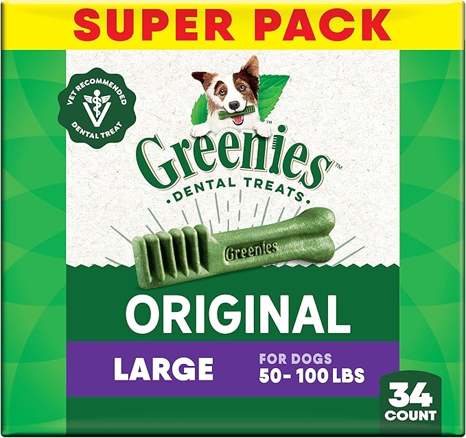 Greenies Veterinarian-Recommended Adult Natural Dental Dog Treats Large Size, Dog Dental Chews, Original Flavor, 54 oz. Pack, 34 Count