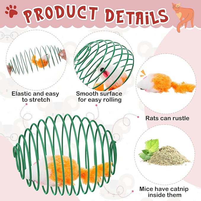 Jecery 5 Pcs Cat Spring Balls Toys Stretchable Rolling Balls Colorful Playful Coils Interactive Action Toy Caged Rats for Kitten Pet Supplies (Catnip Rats,Bright Color)