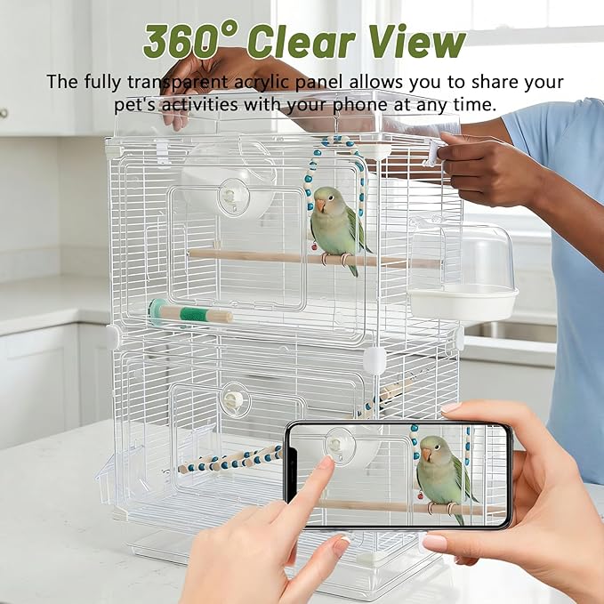 8-in-1 Clear View Bird Cage - Double Layer Small Birdcage with Common Accessories, Indoor & Travel Bird Carrier for Canary, Parakeet, Parrot, Budgies, Cockatiels, 18 * 12 * 27in