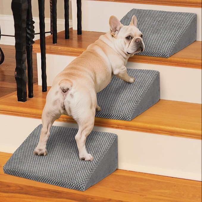 40D Dog Ramp for Stairs for Small & Senior Dogs and Cats – Non-Slip Stair Ramp for Dogs with Gentle Slope, Pet Ramp with Washable Cover & Self-Sticky Pads for Safe Climbing Easy Install(Grey, 3 Pack)
