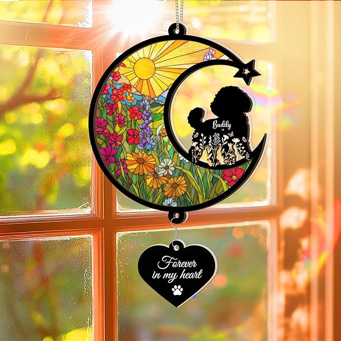 Custom Dog Memorial Suncatcher – Personalized Pet Loss Gift with Name, Breed & Background Variations, Remembrance Keepsake for Dog Lovers