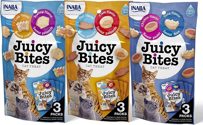 INABA Juicy Bites Grain-Free, Soft, Moist, Chewy Cat Treats with Vitamin E and Green Tea Extract, 0.4 Ounces per Pouch, 9 Pouches Total (3 per Bag), 3 Flavor Variety Pack