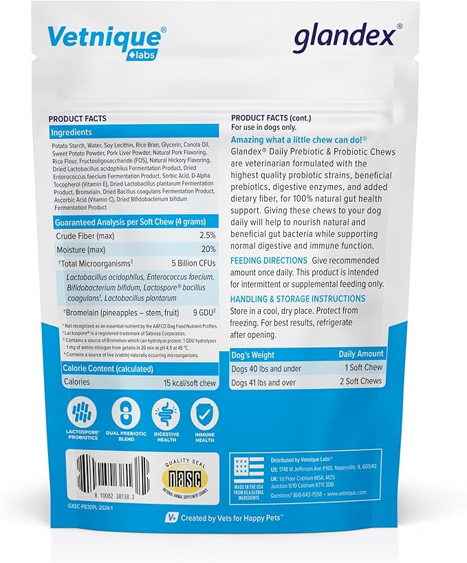 Vetnique Glandex Daily Probiotics for Dogs with Prebiotics to Support Gut Health with Fiber and Digestive Enzymes, Dog Probiotic Chews or Powders (30ct Chews, Bacon Chews)