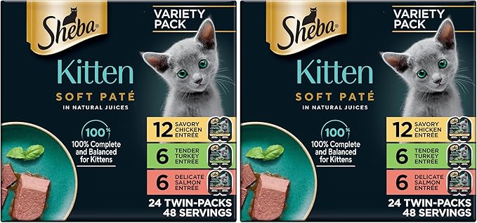 Sheba Perfect Portions Kitten Wet Cat Food Pate Chicken Entree, Salmon Entree, and Turkey, 2.6 oz. Twin-Pack Trays (, 48 Servings), 24 Count (Pack of 2)