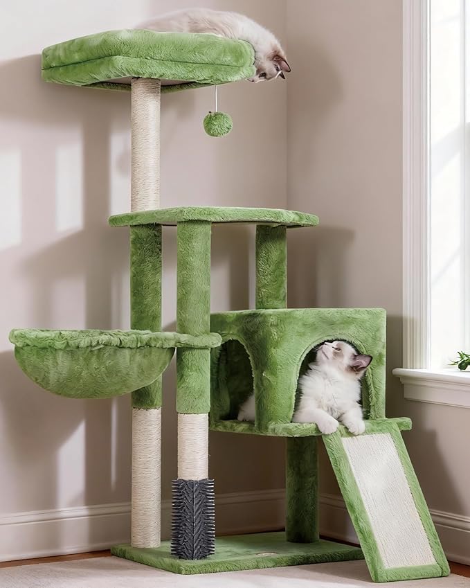 Heybly Cat Tree with Cat Self Groomer Brush, Cat Tower Condo for Indoor Cats with Padded Plush Perch, Cat House with Basket Scratching Board Post, Green HCT005SGR