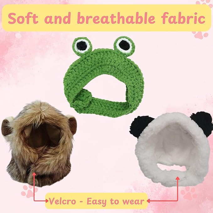 3pcs Hat for Cat Animal Costume Pack, Lion Head for Cats, Cat Panda Costumes, Frog Costume for Cats, Adjustable Washable Soft Small Pet Headwear Accessory, Costumes Pet Clothes (Lion, Panda, Frog)