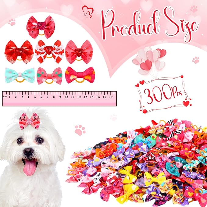 Reginary 300 Pack Dog Bows Grooming Cute Dog Hair Bows Girl with Rubber Bands Small Puppy Bowknots Colorful Hair Accessories for Dogs Puppies Pets Gift (Heart Style)