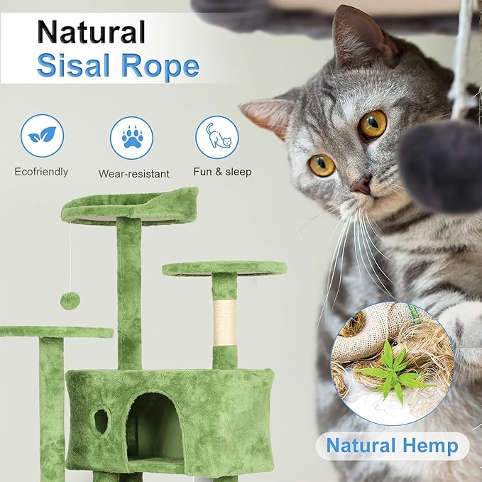 FDW | 54" Cat Tree Tower | Green | Multi-Level Indoor Activity Center with Sisal Scratching Posts, Condos, Plush Perches, Hanging Cat Toys | Sturdy, Easy to Assemble | for Kittens & Adult Cats