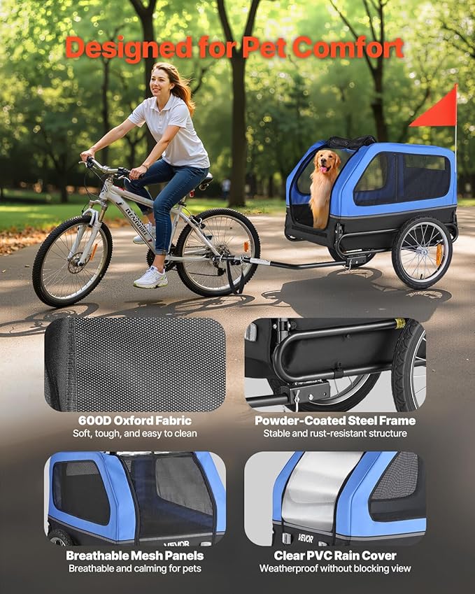 VEVOR Dog Bike Trailer, Supports up to 88 lbs, Pet Cart Bicycle Carrier, Easy Folding Frame with Quick Release Wheels, Universal Bicycle Coupler, Reflectors, Flag, Collapsible to Store