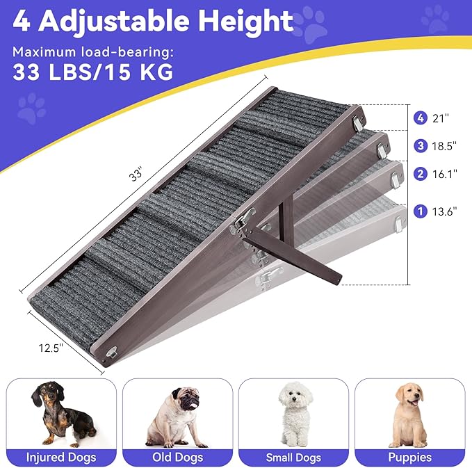 Pawaboo 2026 Upgraded Dog Ramp for Couch, Foldable Small Dog Ramp for Sofa, 4 Adjustable Height from 13'' to 21", Portable Stable Pet Step with Non-Slip Pad, Pet Ramps Use for Couch Stairs,Grey Purple