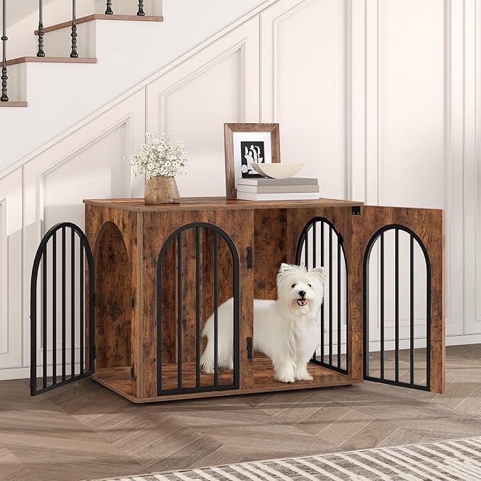 31.5'' Wooden Dog Crate Furniture, Indoor Dog Kennel Dogs Cage for Small/Medium Dogs, Heavy Duty Dog Crates Decorative Pet House End Side Table TV Stand, Rustic Brown DFC85101B