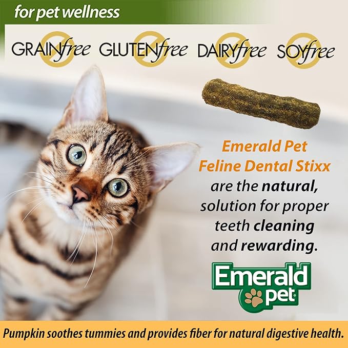 Emerald Pet Feline Dental Stixx — Tasty and Crunchy Cat Sticks with Pumpkin for Digestive Health — Natural Grain Free Treats for Clean Cat Teeth and Fresh Breath — Chicken Stixx, 3.6 oz