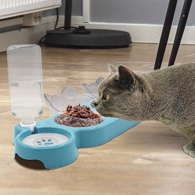 Sky Blue Triple Cat Bowls with 15 Tilt, 3-in-1 Automatic Water & Food Feeder, Whisker-Friendly Elevated Dishes for Small Cats & Puppies