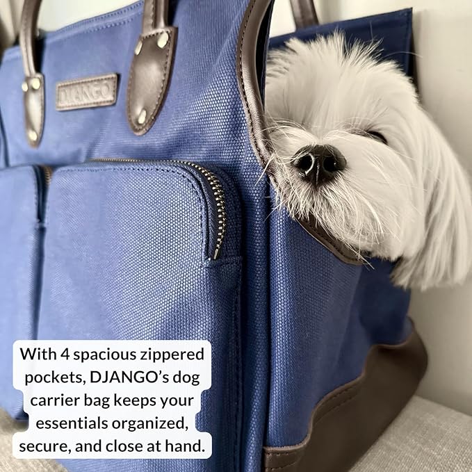 DJANGO Waxed Canvas & Leather Dog Carrier Tote Bag – Premium Soft-Sided Travel Dog Purse with Safety Leash, WR Lining, & Large Zipper Pockets – Everyday Pet Carrier for Small Dogs (Navy Blue, Medium)