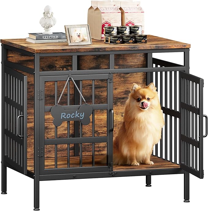 Dog Crate Furniture for Medium Dogs, Wooden Dog Kennel Furniture for Small Dogs, Double-Doors Sturdy Metal Dog Cage for Anxiety Dog, Anti Escape Wooden Cage with Name Tag End Table, TV Stand Brown