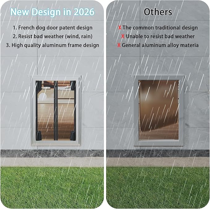 Dog Door for Wall, Energy Efficient French Doggy Door with Aluminum Frame, Telescoping Tunnel and Magnetic Flaps, Easy Install for Walls 4"- 7 7/8" Thick, Large