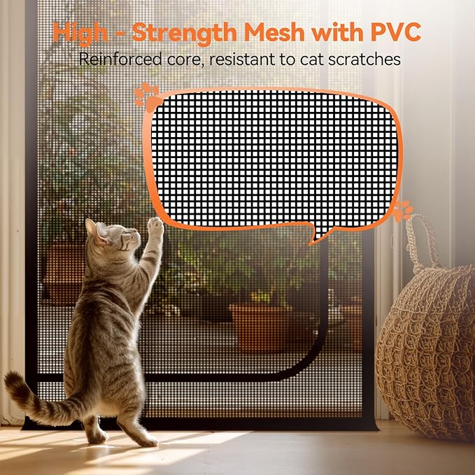 BFNN Cat Screen Door, Extra Tall Cat-Proof Mesh Gate, Fit Door Size 36'' x 82'', Anti Scratch Mesh with Zipper Closure, for Living Room, Kitchen, Bedroom (Black)