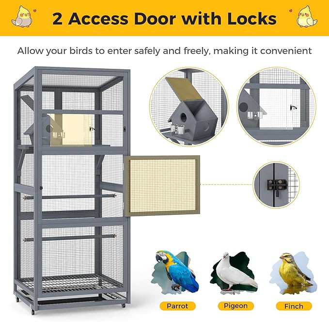 COZIWOW Large Bird Cage Wooden Outdoor Bird Aviary,Indoor Parakeet Cage on Wheels,Parrot Cage with Perch,Nest House,Removable Wire Netting Slide Pull Out Tray for Small Medium Finches
