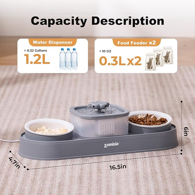 Cat Water Fountain and 2 Ceramic Food Bowls - 2 in 1 Ultra Quiet Automatic Pet Food and Water Bowl Set for Two Cats, Small Dogs, Gray (No Adapter)