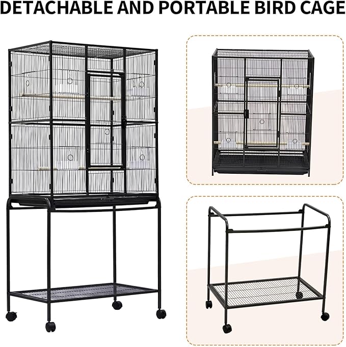 Extra Tall Large Bird Cage with Stand – 62" Flight Cage on Wheels for Parakeets, Parrots, Conures, Lovebirds, Cockatiels – Sturdy Metal Aviary, Black – Spacious Home for Birds – Model