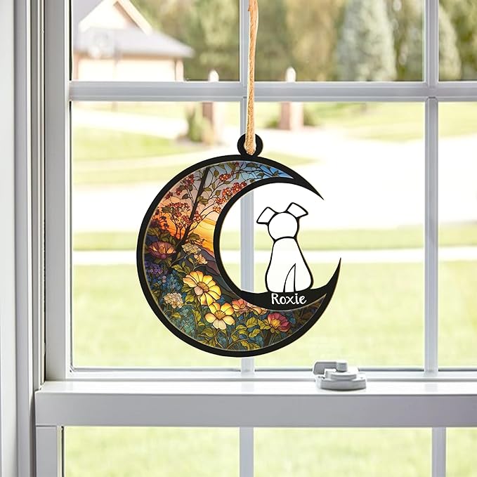 LOVELYPOD DIY Dog Ornament Suncatcher Memorial Gifts for Dog Lovers, White Dog Decor on Moon Window Hangings Suncatcher, Loss of Dog Sympathy Gift, Remembrance Gifts in Memory(4 Inches)
