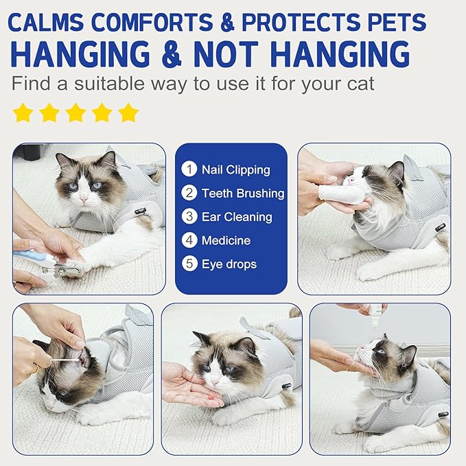 Supet Cat Grooming Hammock Harness for Nail Trimming, Cat Grooming Hanging Sling for Nail Clipping, Pet Restraint Holder for Cutting Nails, Medicine, Ear & Teeth Cleaning, Eye Care (Grey M)