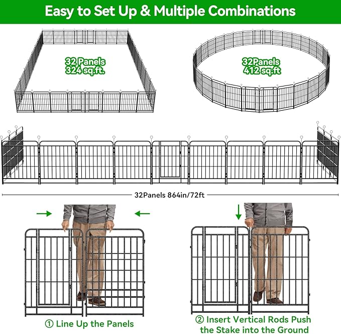Heavy Duty Dog Playpen: 32 Steel Panels 47" Height, Square Steel Pipe with Reinforced Crossbars, 71FT 406 Sq.ft Portable Fence for Yard RV Camping, Snowy Black