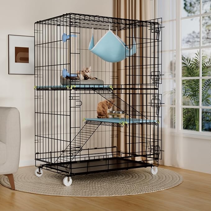 3-Tier Cat Cage Indoor: Medium Cat Enclosure Pet Playpen Detachable Metal Wire Kennel Collapsible Crate with Scratching Post & Plush Pads & Hammock for Cats Kittens