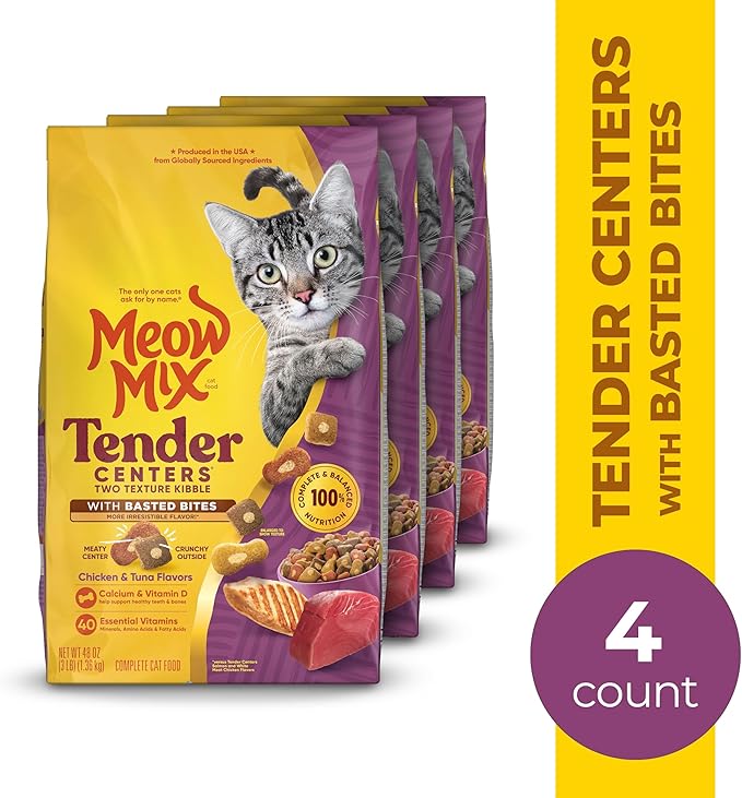 Meow Mix Tender Centers Basted Bites Dry Cat Food,Chicken & Tuna Flavor,3 Pound,Crunchy Outside Meaty Inside,(Pack of 8)