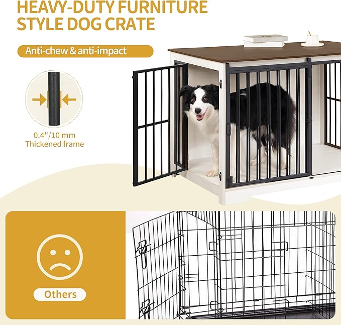 39.4" Heavy Duty Dog Crate Furniture with Barn Door, Wood Indoor Dog Crate Kennel for Small/Medium/Large Dogs, End Side Table, TV Stand, Anti-Chew Anti-Escape, White Brown DFC02314B