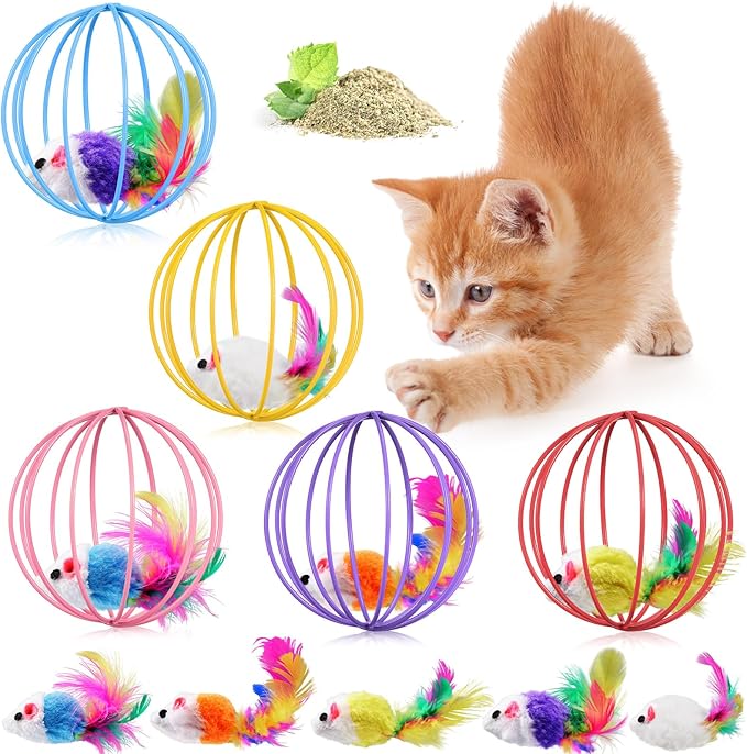 Jecery 5 Pcs Cat Spring Balls Toys Stretchable Rolling Balls Colorful Playful Coils Interactive Action Toy Caged Rats for Kitten Pet Supplies (Metal Cage,Multicolor)