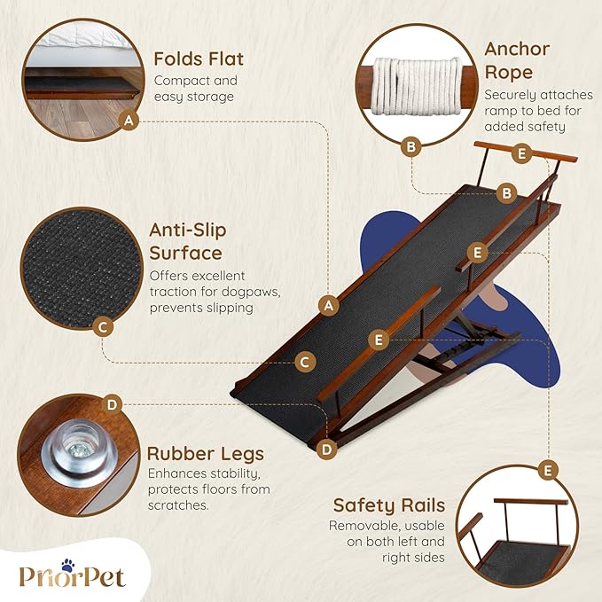 Dog ramp for Bed - PRIORPET Birchwood Adjustable Ramp for Dogs to Get on Bed: Dog ramps for High Beds up to 37 Inches – Foldable Ramp, Anti-Slip Grip & Safety Rails, Small Dogs Up to 120lbs – Walnut