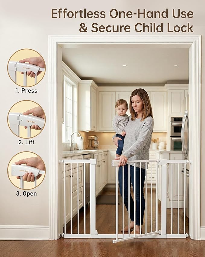 Baby Gate for Stairs, 29.92-38.98” Wide Pressure Mounted Baby Gate No Drill Needed, Auto Close Dog Gate for Doorways, Easy Walk Through Safety Child Gates for Toddler & Pet/Puppy, Indoor, White