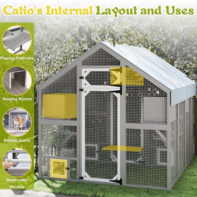 PetsCosset 71" H Catio Outdoor Cat Enclosure for Multiple Cats Large Wooden Walk in Cats House Outside Weatherproof Roof,Attached to House's Window,Cat's Door and Tunnel