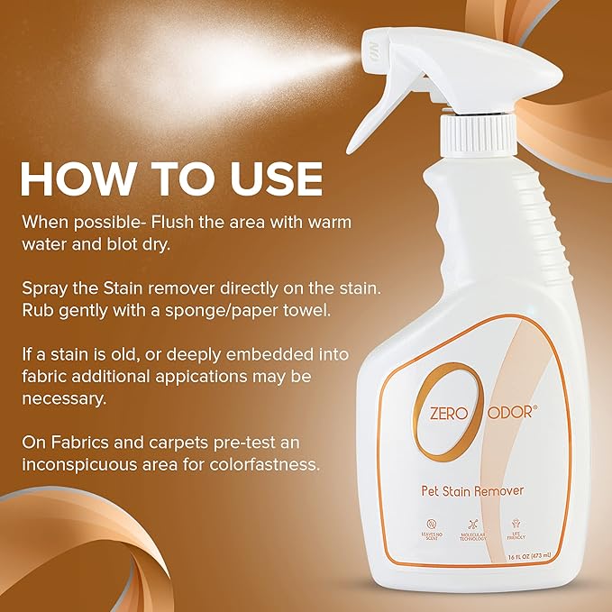 Zero Odor - Pet Stain Remover & Odor Eliminator - Permanently Remove Stain & Odor with Patented Technology Best for Carpet, Furniture, Floors, Pet Bed– Look and Smell Great, 16oz (Over 400 Sprays)